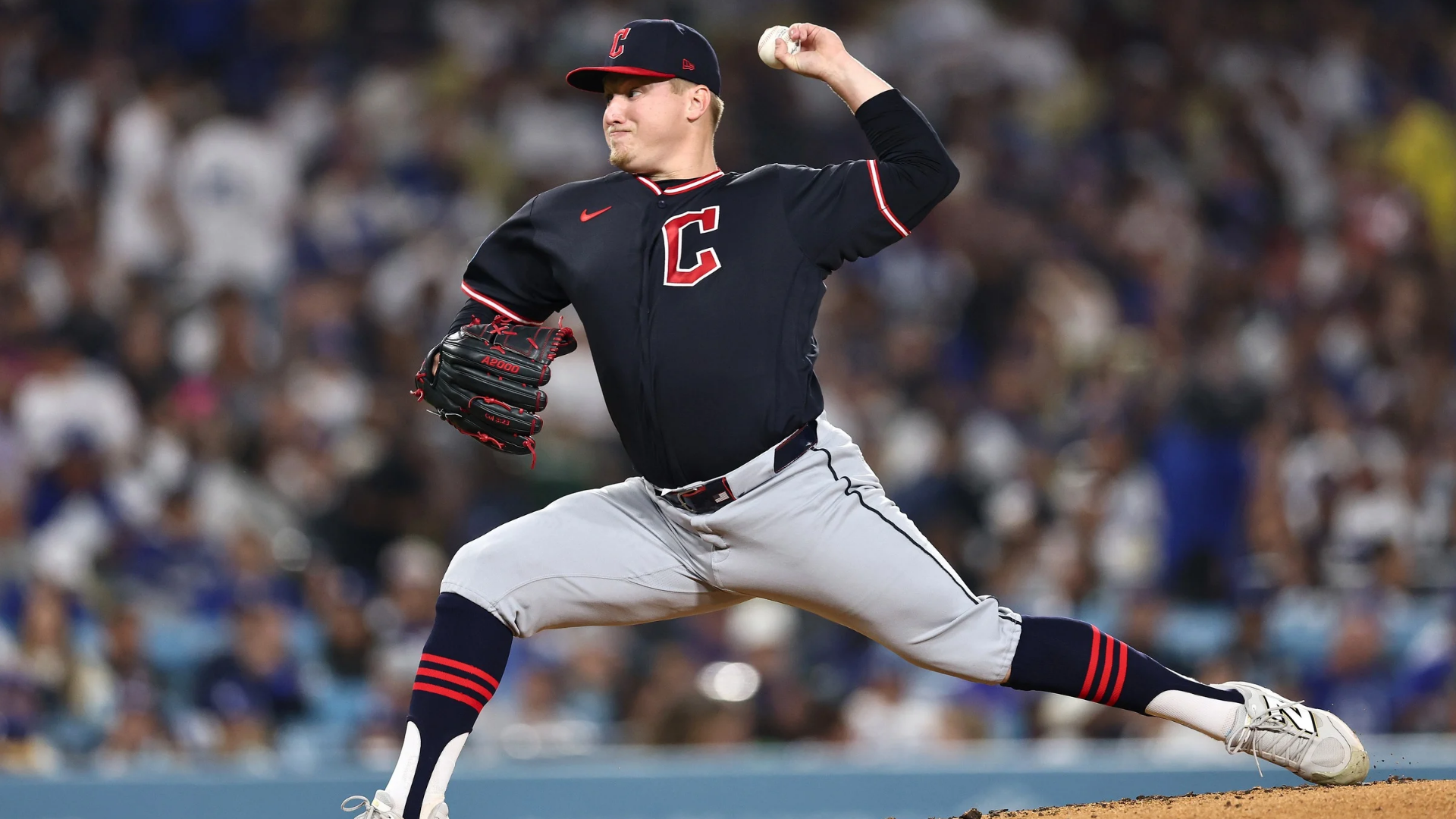 Parker Messick #77 of the Cleveland Guardians pitches against the Los Angeles Dodgers during the second inning at Dodger Stadium on March 30, 2026 in Los Angeles, California. (Photo by Luke Hales/Getty Images)