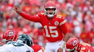 Patrick Mahomes #15 of the Kansas City Chiefs reacts against the Philadelphia Eagles during the second quarter in the game at Arrowhead Stadium on September 14, 2025 in Kansas City, Missouri