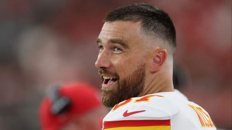 Tight end Travis Kelce #87 of the Kansas City Chiefs reacts on the sidelines during the first quarter of the NFL Preseason 2025 game against the Arizona Cardinals at State Farm Stadium on August 09, 2025