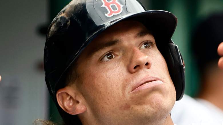 Nate Eaton of the Boston Red Sox reacts in the dugout before being optioned to Triple-A.