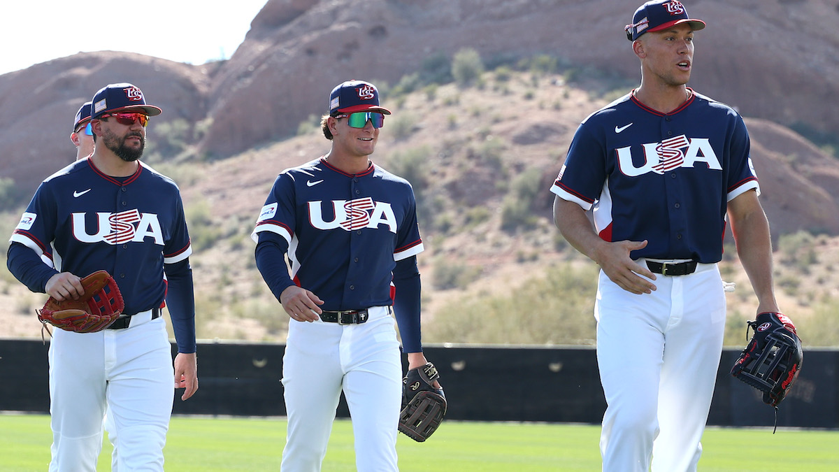 Kyle Schwarber, Roman Anthony and Aaron Judge (L-R) of the Team USA WBC squad.