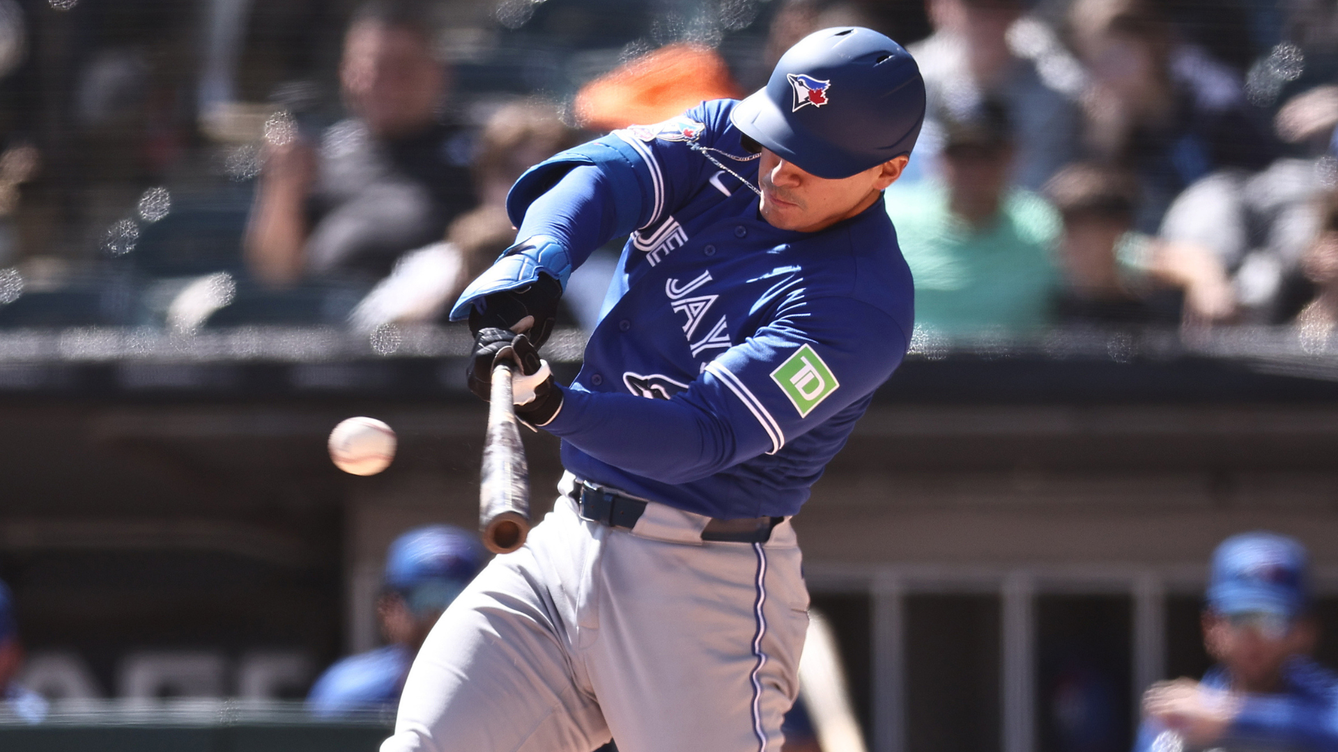 Brandon Valenzuela #59 of the Toronto Blue Jays hits a single during the third inning against the Chicago White Sox at Rate Field on April 5, 2026 in Chicago, Illinois. (Photo by Geoff Stellfox/Getty Images)