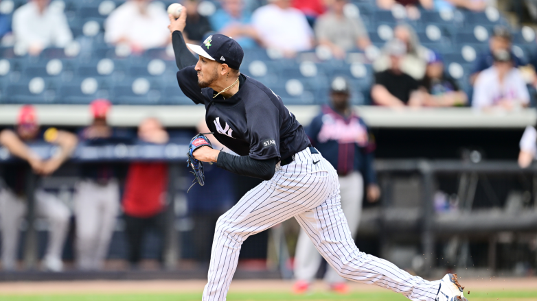 Elmer RodrÃ­guez #76 of the New York Yankees delivers a pitch in the third inning against the Atlanta Braves during a Grapefruit League spring training game at George M. Steinbrenner Field on February 26, 2026 in Tampa, Florida. (Photo by Julio Aguilar/Getty Images)