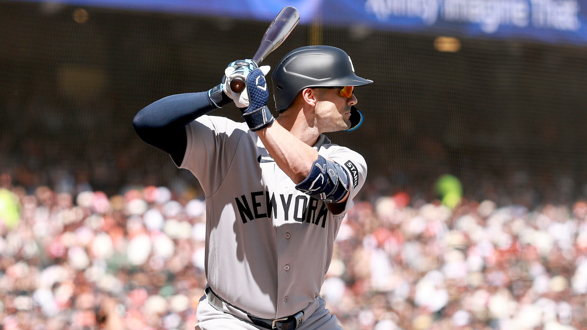 Randal Grichuk #34 of the New York Yankees bats against the San Francisco Giants at Oracle Park on March 27, 2026 in San Francisco, California. (Photo by Ezra Shaw/Getty Images)