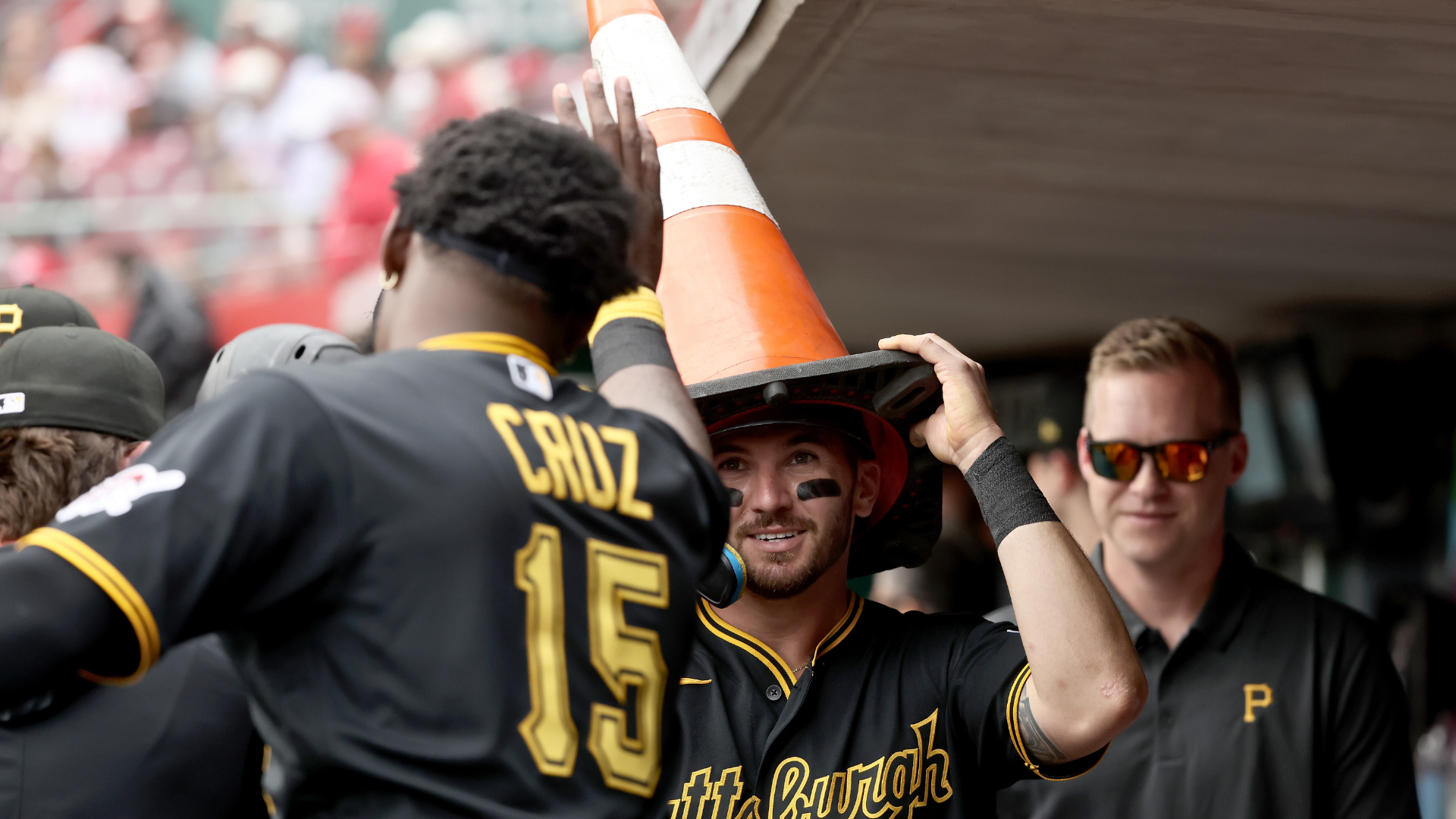 Spencer Horwitz #2 of the Pittsburgh Pirates is congratulated by Oneil Cruz #15 after scoring a run during the ninth inning of the game against the Cincinnati Reds at Great American Ball Park on April 1, 2026 in Cincinnati, Ohio. Pittsburgh defeated Cincinnati 8-3. (Photo by Kirk Irwin/Getty Images)