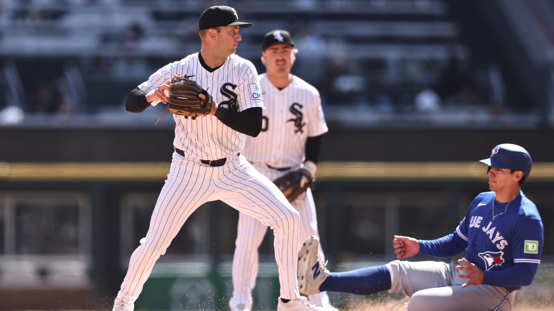 Tanner Murray #41 of the Chicago White Sox forces out Brandon Valenzuela #59 of the Toronto Blue Jays during the third inning at Rate Field on April 5, 2026 in Chicago, Illinois. (Photo by Geoff Stellfox/Getty Images)