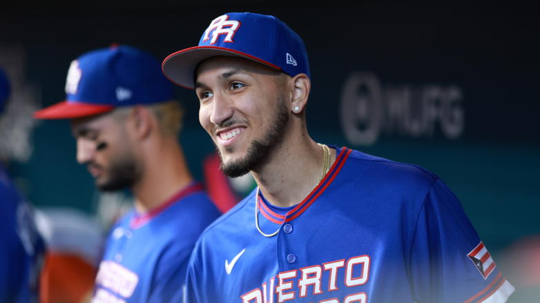 Elmer RodrÃ­guez #18 of Team Puerto Rico looks on before the game against Team Italy at Daikin Park on March 14, 2026 in Houston, Texas. (Photo by Kenneth Richmond/Getty Images)