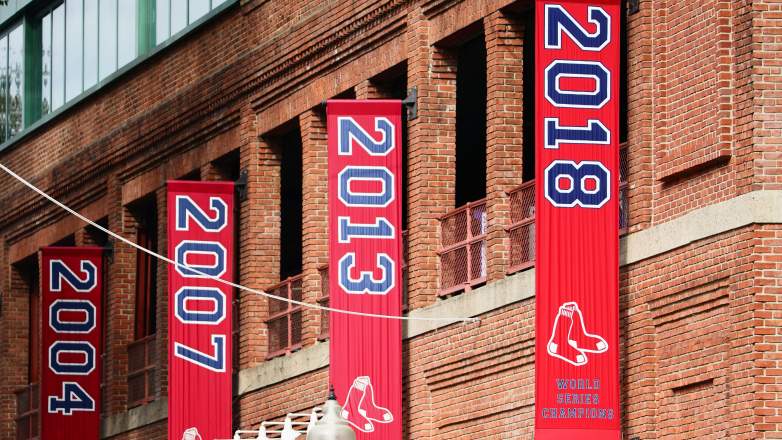 Boston Red Sox 2018 World Series championship banner outside Fenway Park