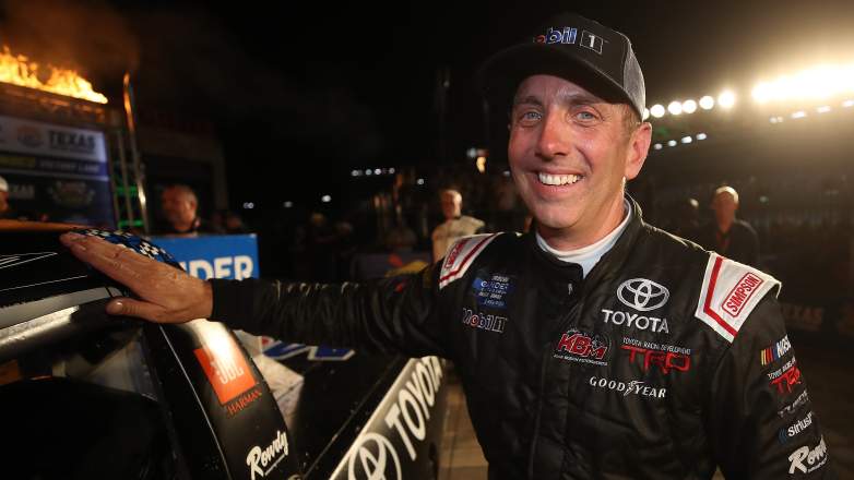 Greg Biffle celebrates in Victory Lane after winning a NASCAR Truck Series race at Texas Motor Speedway in 2019