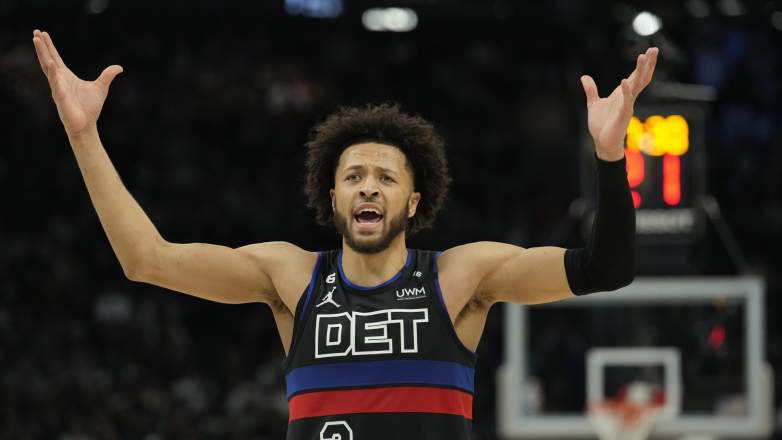 Cade Cunningham reacts during Detroit Pistons game earlier in season