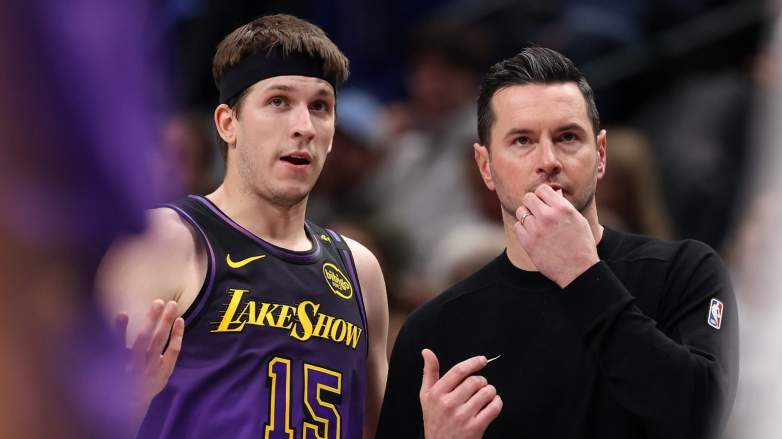 Austin Reaves and JJ Redick during a Lakers game as Reaves’ recovery progress remains uncertain