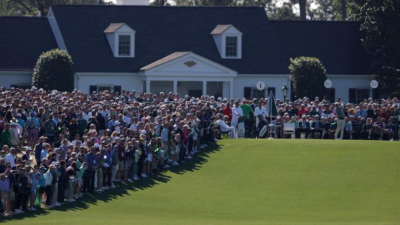 Gallery of patrons watches Rory McIlroy at Augusta National during the Masters