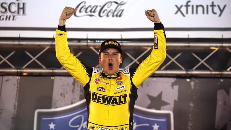 Christopher Bell celebrates in Victory Lane after winning at Bristol Motor Speedway during a NASCAR Cup Series race