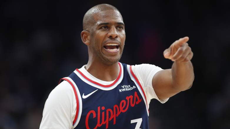 Chris Paul points during Clippers game before reacting to play-in loss vs Warriors