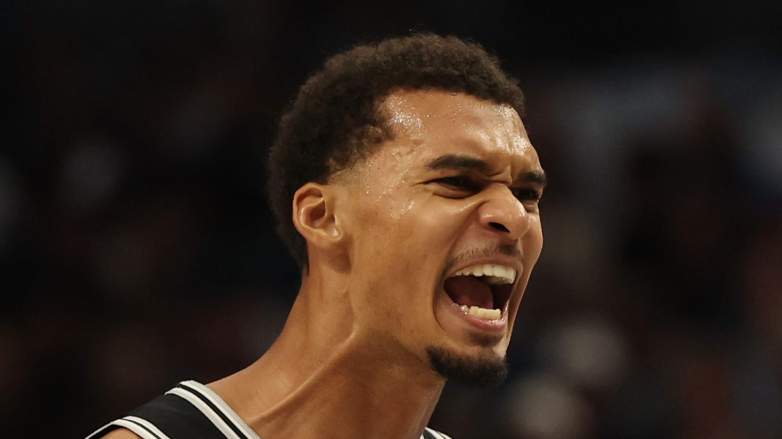 Victor Wembanyama reacts during Spurs playoff game after concussion recovery