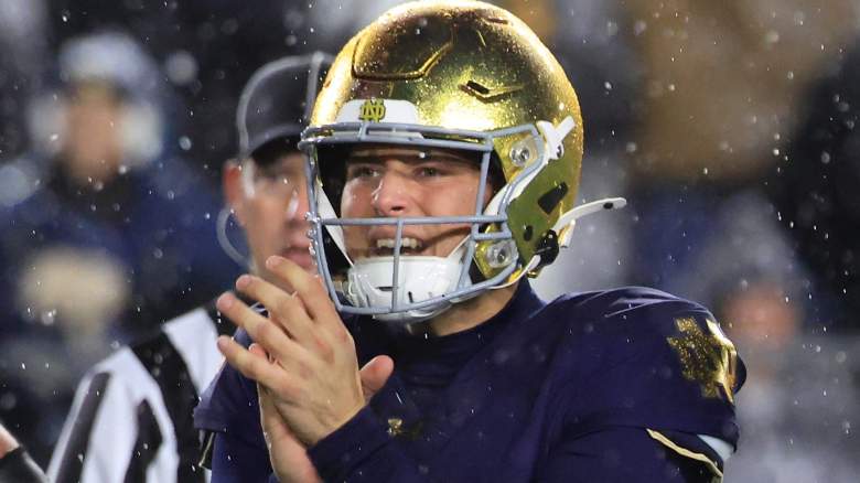 The Cleveland Browns are predicting to add CJ Carr #13 of the Notre Dame Fighting Irish