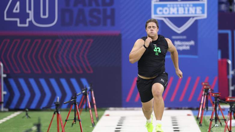 Caleb Lomu 40 yard dash NFL Combine 2026 Patriots draft pick