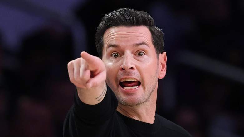 JJ Redick pointing on sideline during Lakers game amid Austin Reaves MRI dispute and injury update