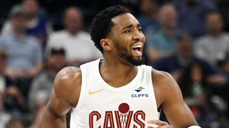 Donovan Mitchell reacting during Cavaliers game before ankle injury update
