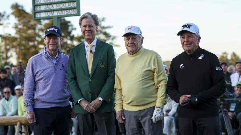 Jack Nicklaus, Gary Player and Tom Watson pose with Augusta National chairman Fred Ridley at the 2026 Masters