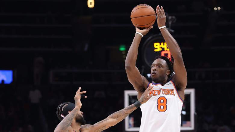 OG Anunoby shoots over Hawks defender during Knicks playoff Game 1 win