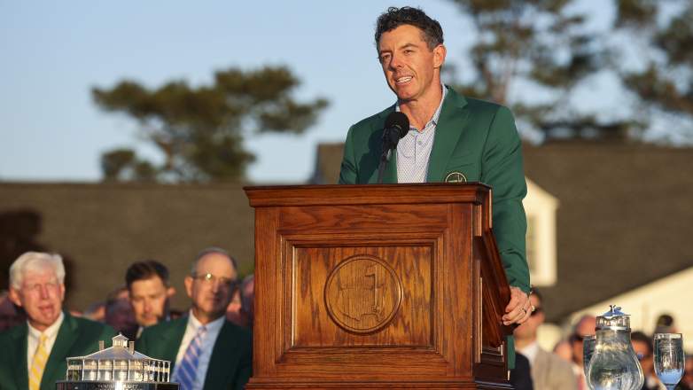 Rory McIlroy speaks during the green jacket ceremony after winning the 2026 Masters at Augusta National