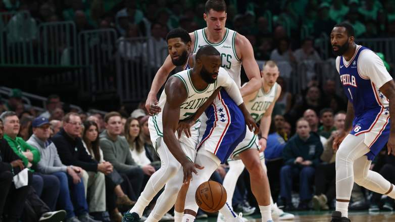 Paul George defends Jaylen Brown during Celtics vs 76ers Game 1