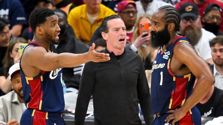 Donovan Mitchell and James Harden react during Cavaliers vs Raptors Game 5 as Cleveland makes starting lineup change