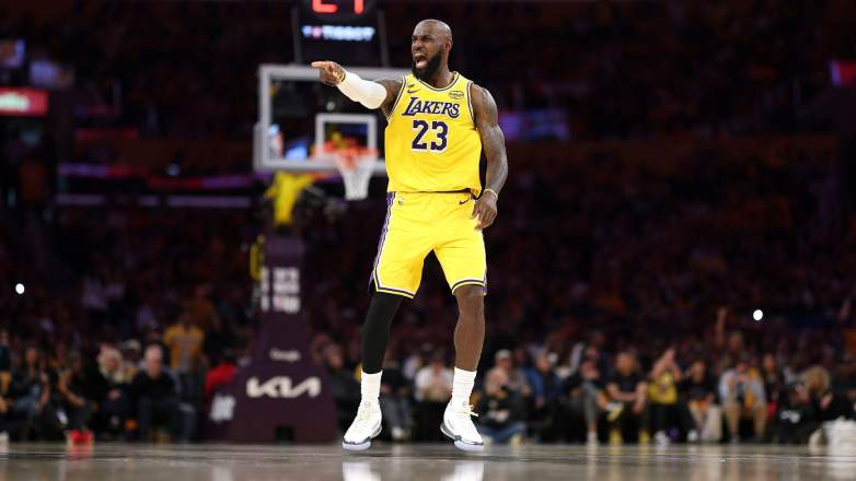 LeBron James directing play during Lakers playoff game as he nears Kareem Abdul-Jabbar sweep record