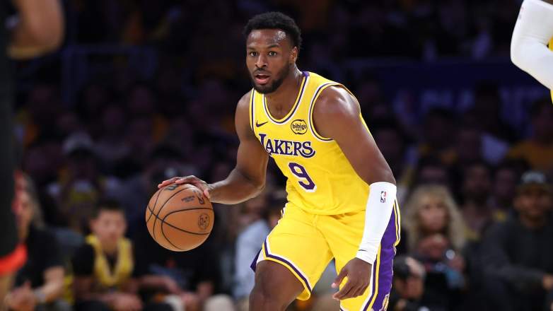 Lakers guard Bronny James dribbling during Game 4 against the Rockets