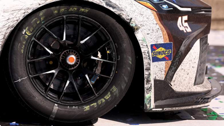 Close-up of Goodyear NASCAR tire on Tyler Reddick No. 45 Toyota at Kansas Speedway