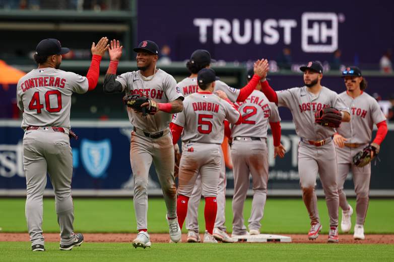 Red Sox players celebrating a win