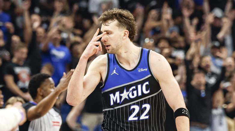 Franz Wagner reacts during Orlando Magic playoff game against Detroit Pistons