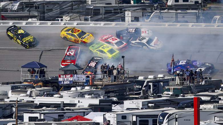 Multiple NASCAR Cup Series cars crash in a large pileup at Talladega Superspeedway during the 2026 Jack Linkâs 500