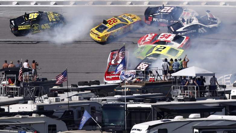 Multiple NASCAR Cup Series cars crash during the Big One at Talladega Superspeedway