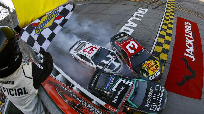 Cars spin and crash near the finish during the NASCAR Cup Series race at Talladega