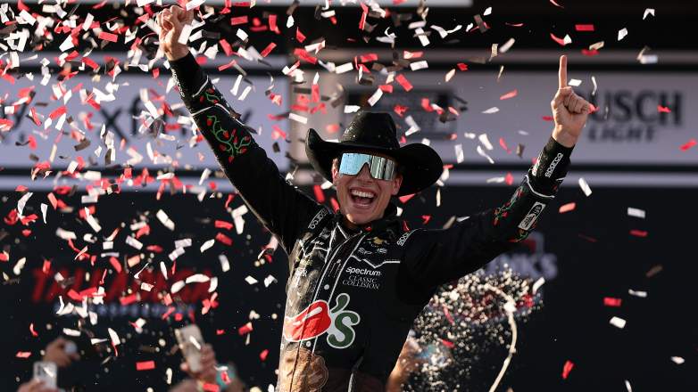 Carson Hocevar celebrates in victory lane after winning at Talladega Superspeedway