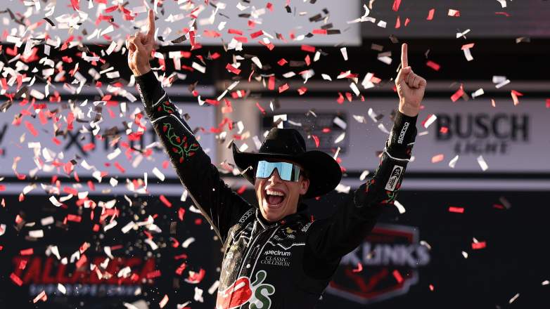 Carson Hocevar celebrates in victory lane with confetti after winning the NASCAR Cup Series race at Talladega