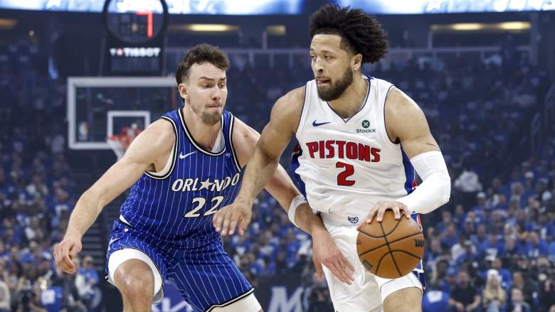 Cade Cunningham drives against Franz Wagner during Pistons vs Magic Game 5 as Wagner injury impacts playoff matchup