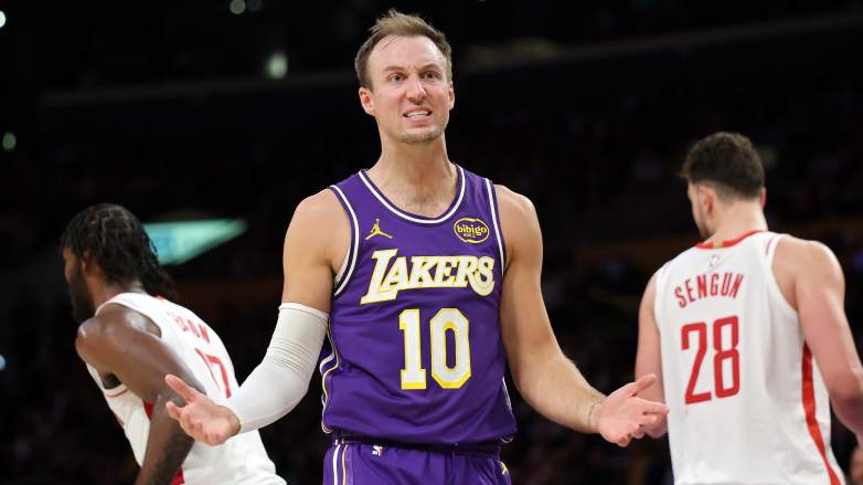 Luke Kennard of the Los Angeles Lakers reacts to a foul call