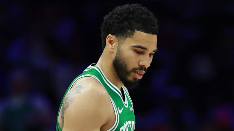 Jayson Tatum reacts during Game 6 after exiting with injury for the Boston Celtics