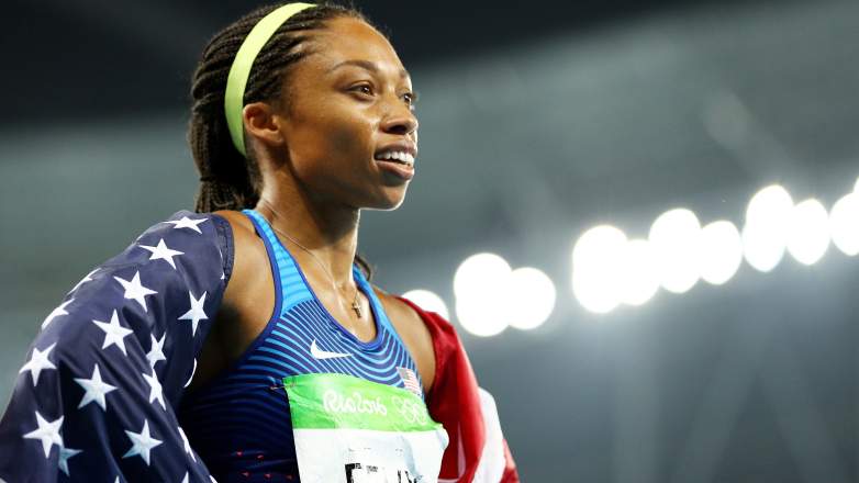 Allyson Felix reacting after winning gold for Team USA at the Rio 2016 Olympics