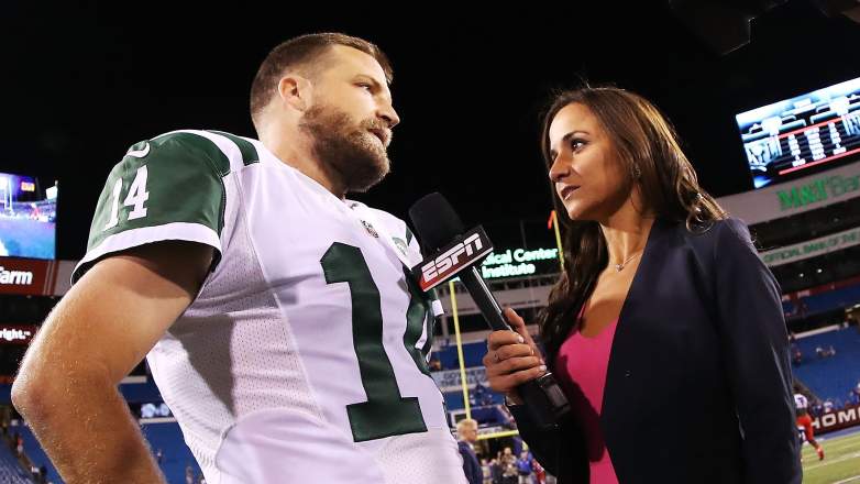 Dianna Russini interviewing Ryan Fitzpatrick on field after NFL game