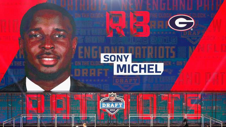 Sony Michel shown on NFL Draft board after being selected 31st overall by the New England Patriots in 2018