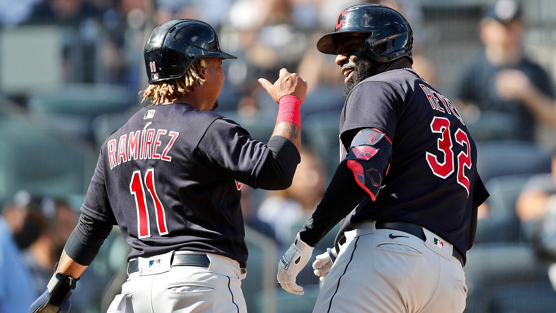 NEW YORK, NEW YORK - SEPTEMBER 18: Franmil Reyes #32 of the Cleveland Indians celebrates his sixth inning two-run home run against the New York Yankees with teammate Jose Ramirez #11 at Yankee Stadium on September 18, 2021 in New York City. (Photo by Jim McIsaac/Getty Images)