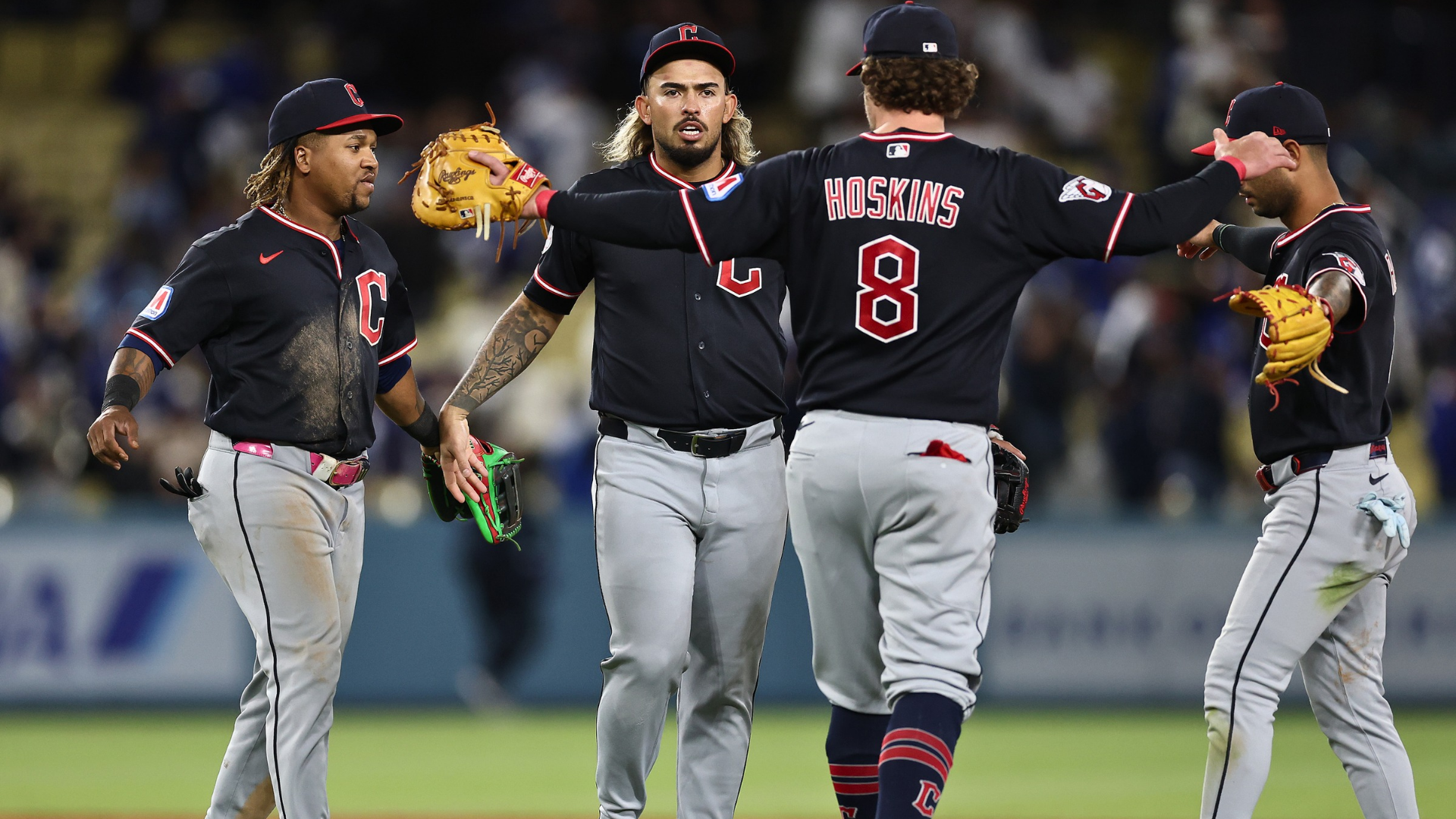 LOS ANGELES, CALIFORNIA - APRIL 01: The Cleveland Guardians celebrate a 4-1 win against the Los Angeles Dodgers at Dodger Stadium on April 01, 2026 in Los Angeles, California. (Photo by Ronald Martinez/Getty Images)