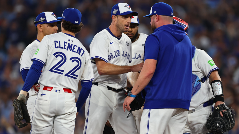 TORONTO, ONTARIO - NOVEMBER 01: Max Scherzer #31 of the Toronto Blue Jays reacts as he is pulled from the game by manager John Schneider #14 during the fifth inning against the Los Angeles Dodgers in game seven of the 2025 World Series at Rogers Center on November 01, 2025 in Toronto, Ontario. (Photo by Gregory Shamus/Getty Images)