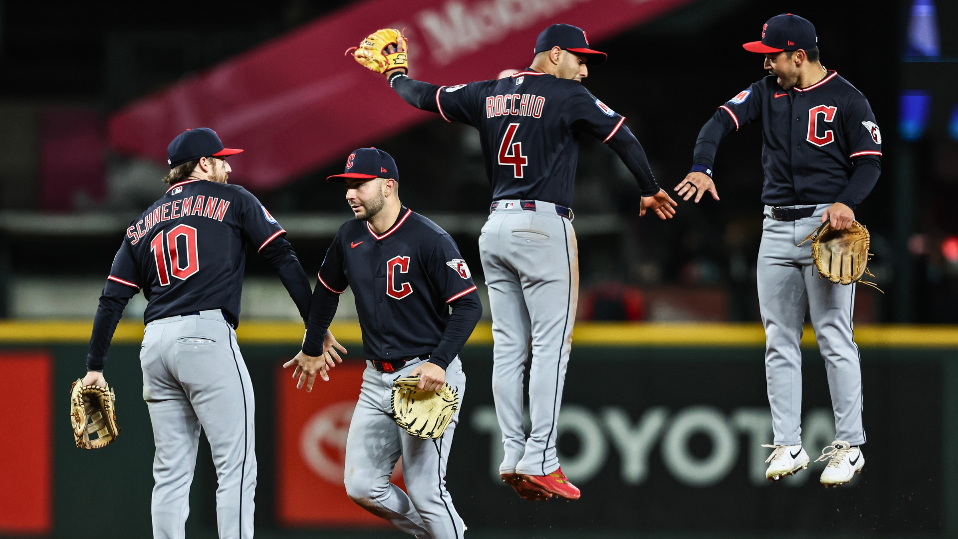 Cleveland Guardians players celebrate after beating the Seattle Mariners 6-5 in extra innings at T-Mobile Park on March 28, 2026 in Seattle, Washington. (Photo by Olivia Vanni/Getty Images)