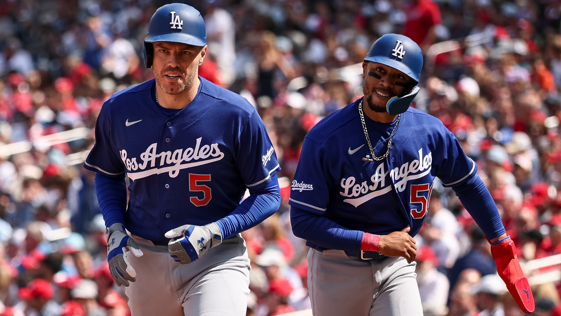 Freddie Freeman #5 of the Los Angeles Dodgers celebrates with Mookie Betts #50 after hitting a two run home run against the Washington Nationals during the fifth inning at Nationals Park on April 3, 2026 in Washington, DC.