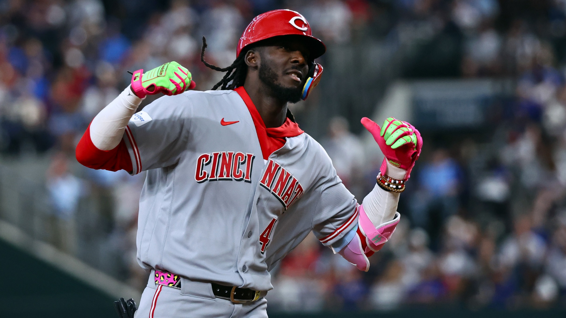 Elly de la Cruz #44 of the Cincinnati Reds celebrates as he runs the bases after a solo home run against the Texas Rangers in the sixth inning at Globe Life Field on April 03, 2026 in Arlington, Texas.